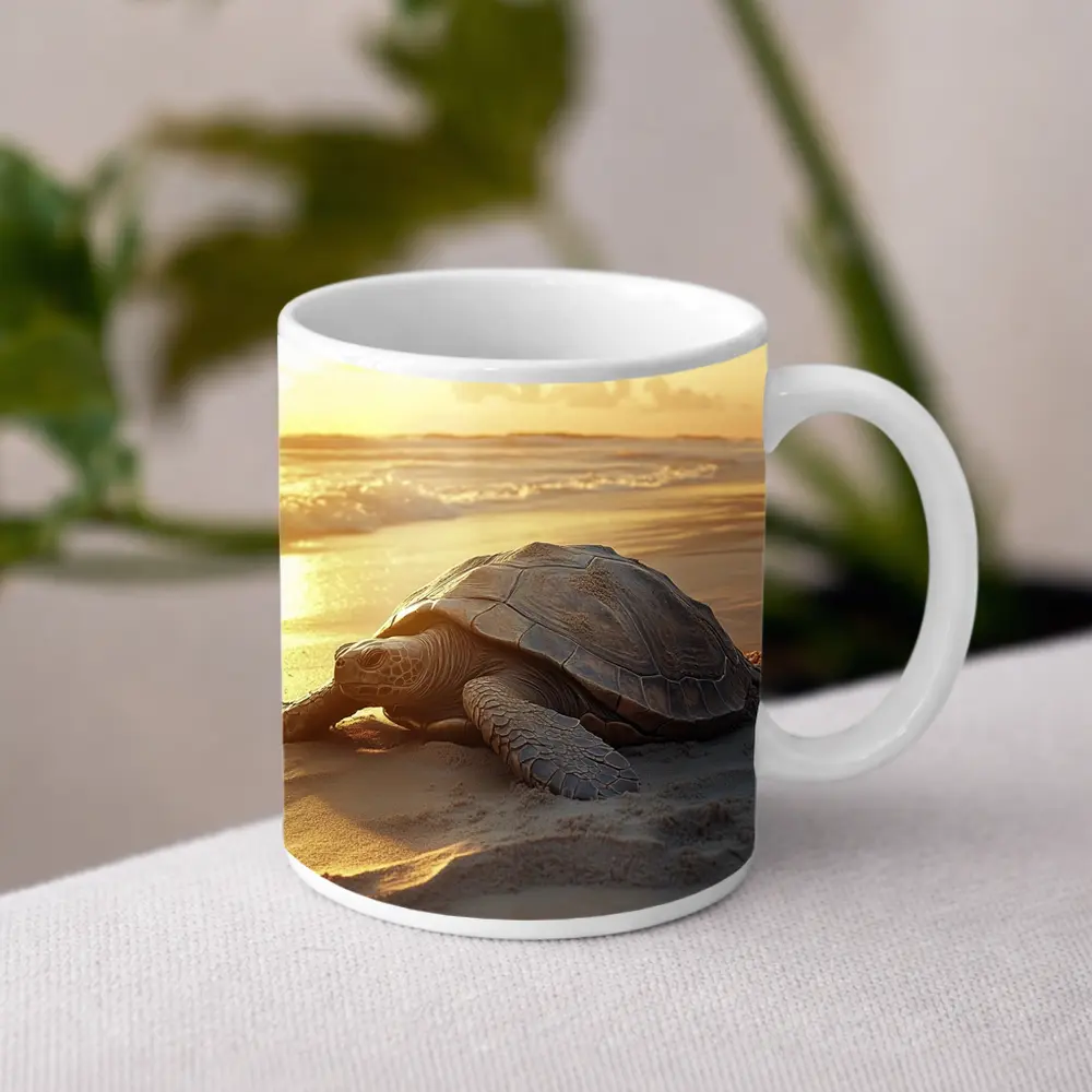 Sea Turtle Crawling on Sandy Beach Sunset – Mugs