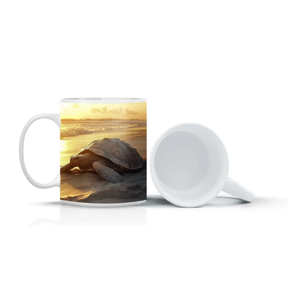 Sea Turtle Crawling on Sandy Beach Sunset – Mugs