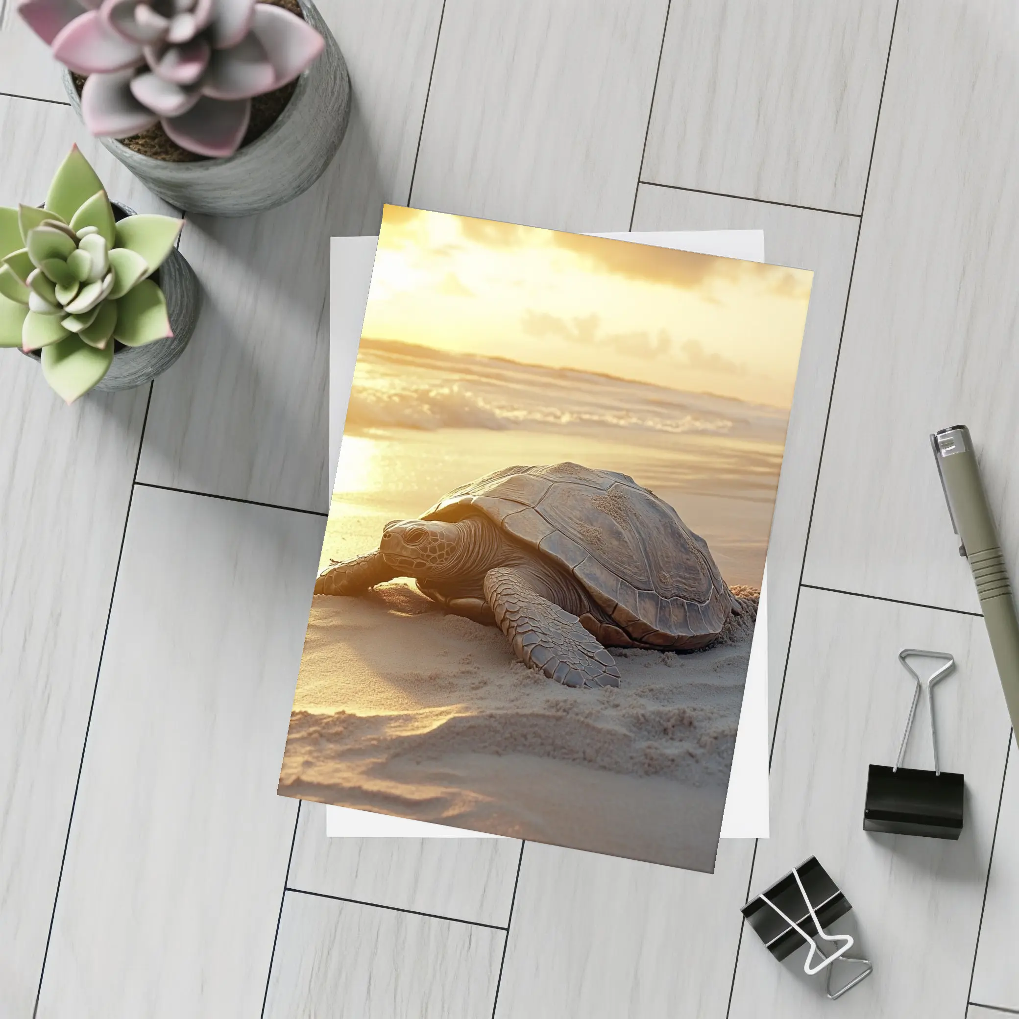 Sea Turtle Crawling on Sandy Beach Sunset – Postcards