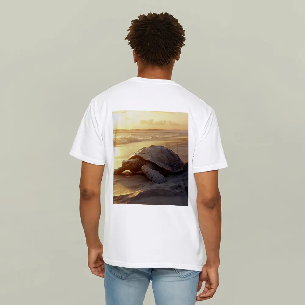 Sea Turtle Crawling on Sandy Beach Sunset – T-Shirts