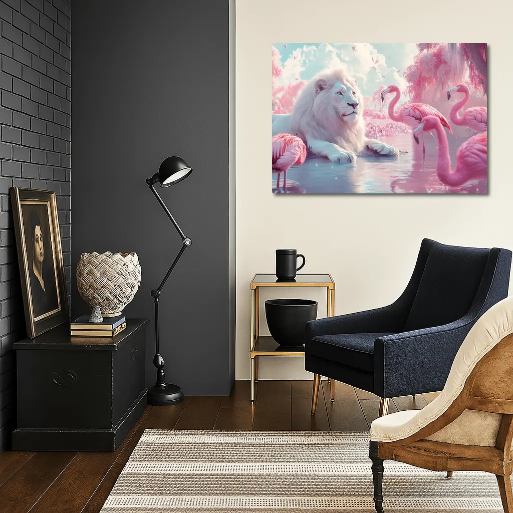 White Lion Pink Flamingos Dreamy Fantasy Scene – Wall Art