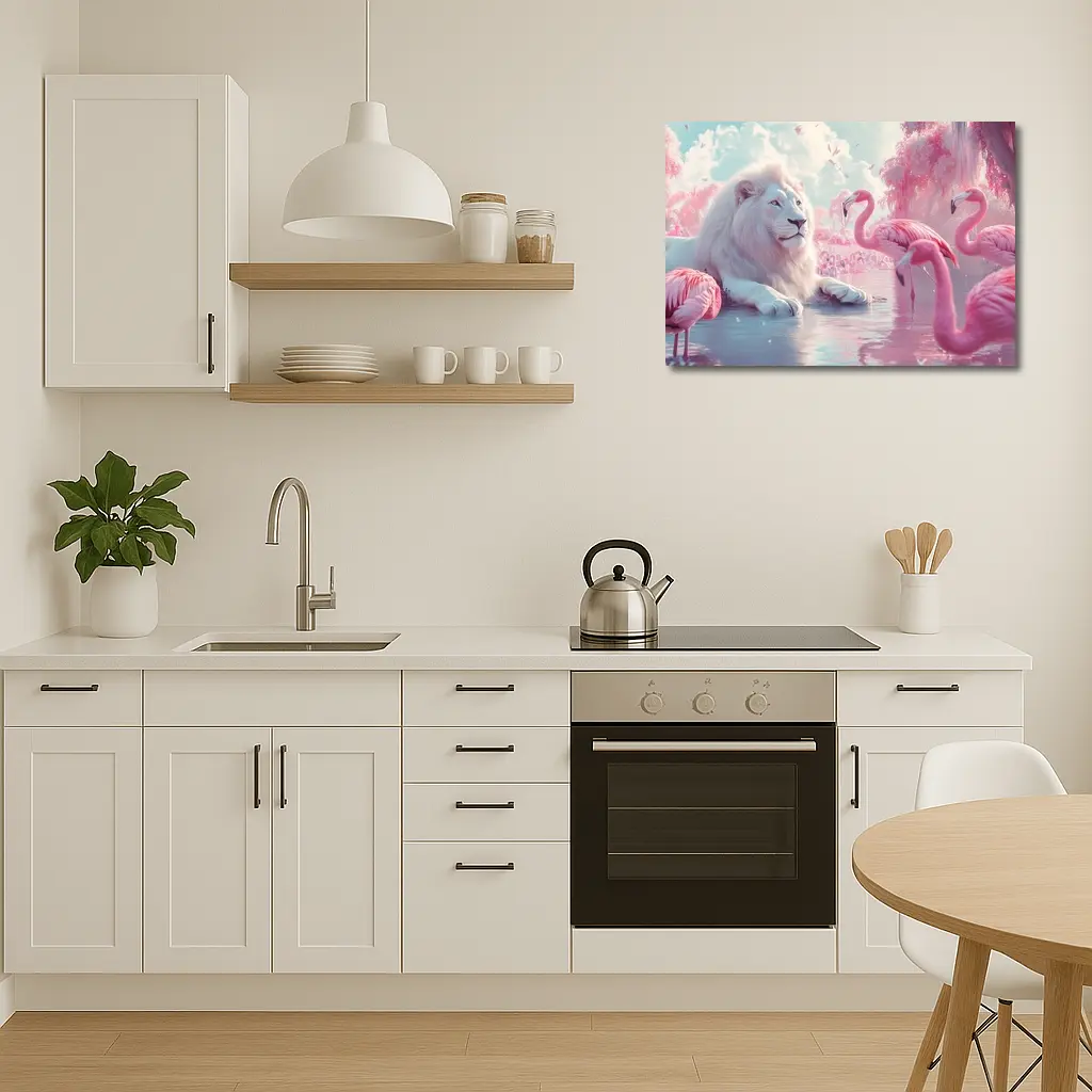 White Lion Pink Flamingos Dreamy Fantasy Scene – Wall Art