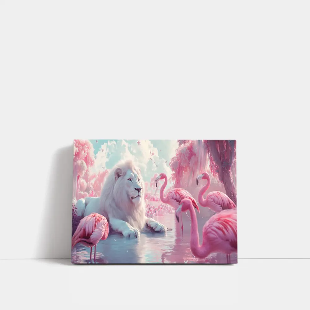 White Lion Pink Flamingos Dreamy Fantasy Scene – Wall Art
