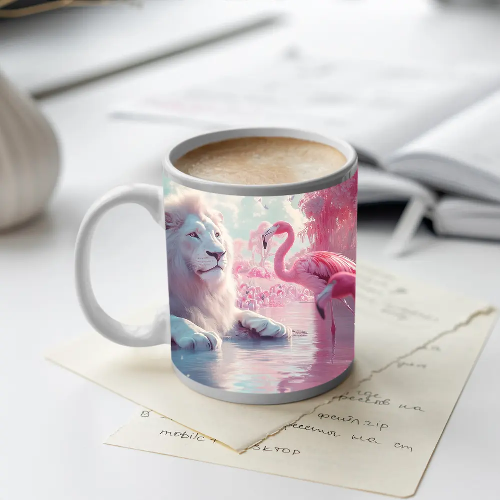 White Lion Pink Flamingos Dreamy Fantasy Scene – Mugs