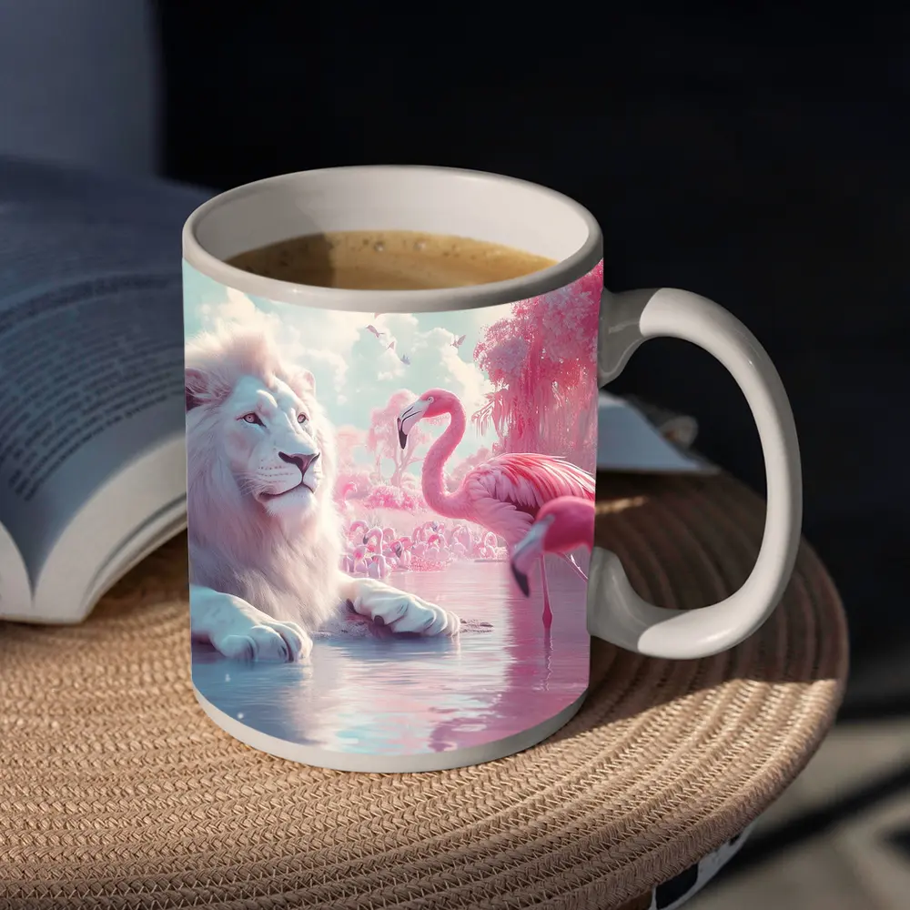 White Lion Pink Flamingos Dreamy Fantasy Scene – Mugs