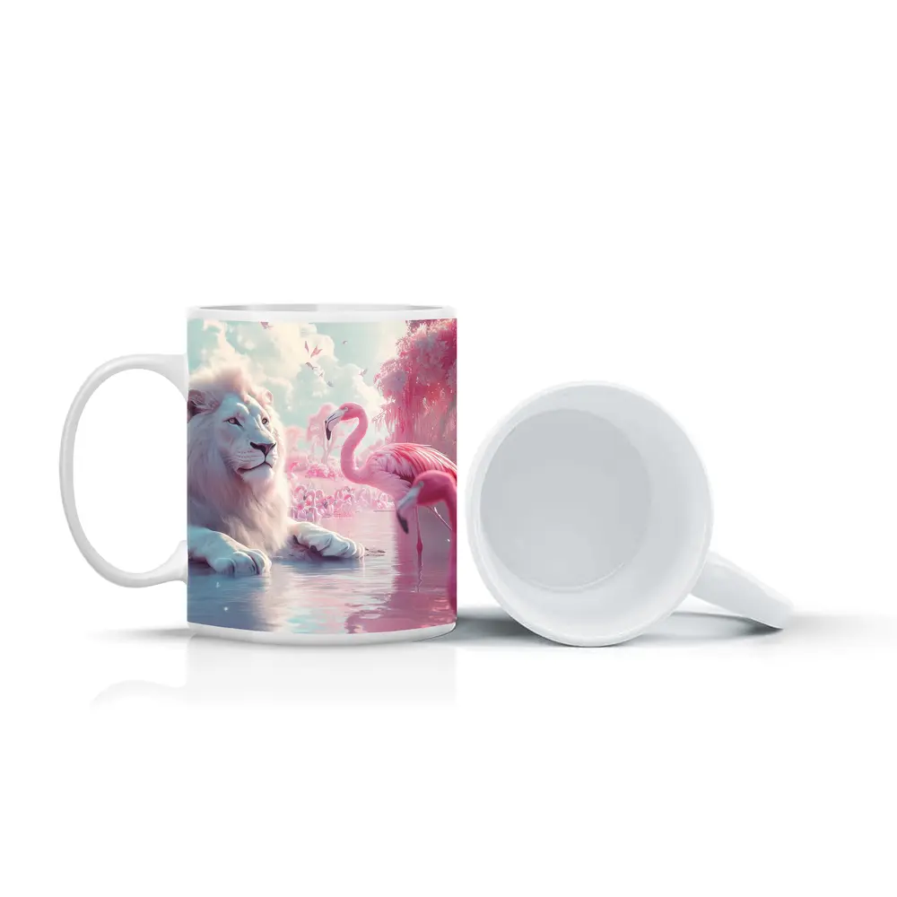 White Lion Pink Flamingos Dreamy Fantasy Scene – Mugs