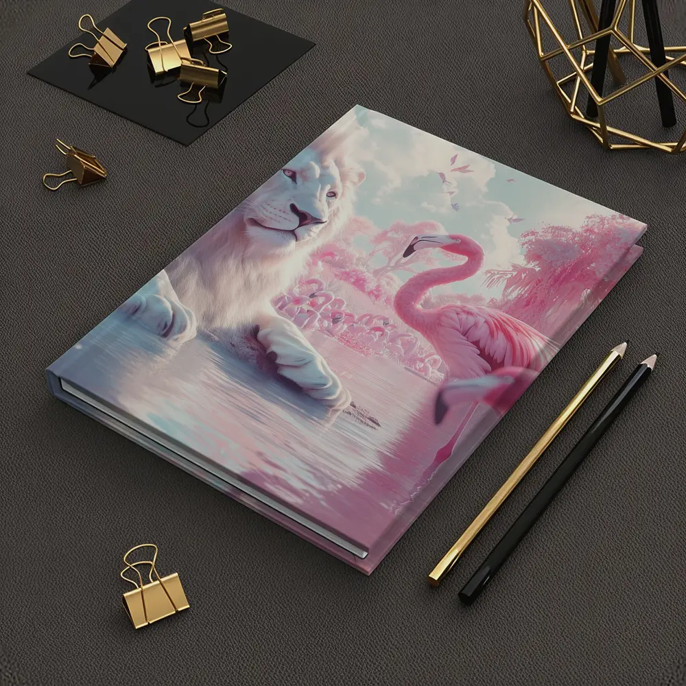 White Lion Pink Flamingos Dreamy Fantasy Scene – Notebooks