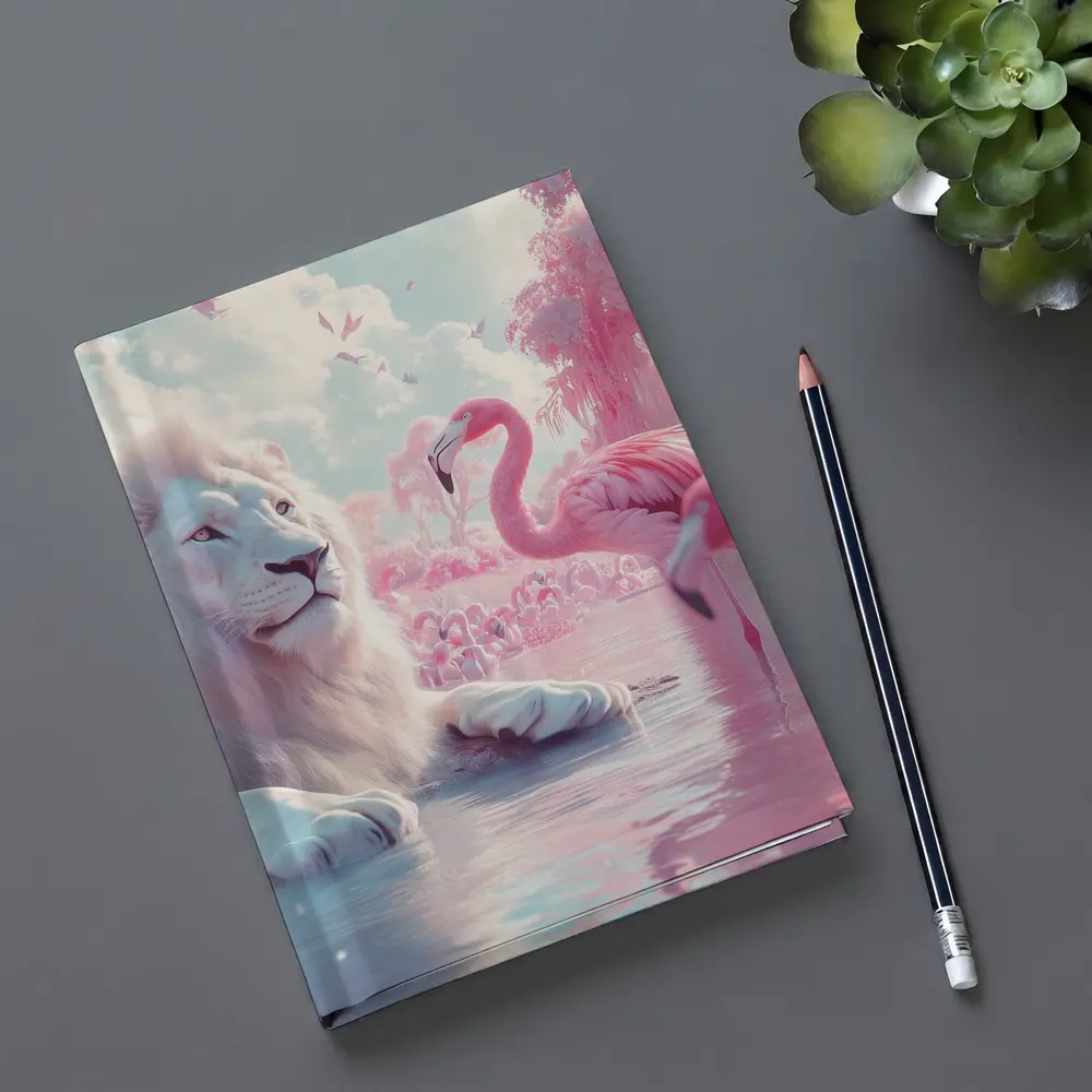 White Lion Pink Flamingos Dreamy Fantasy Scene – Notebooks