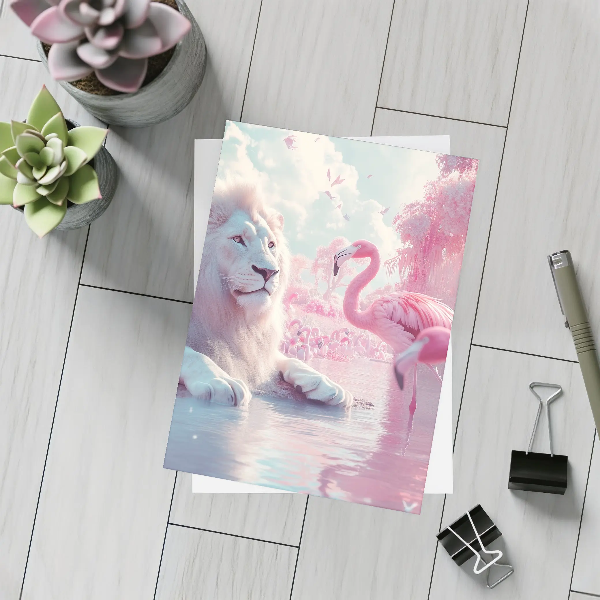 White Lion Pink Flamingos Dreamy Fantasy Scene – Postcards