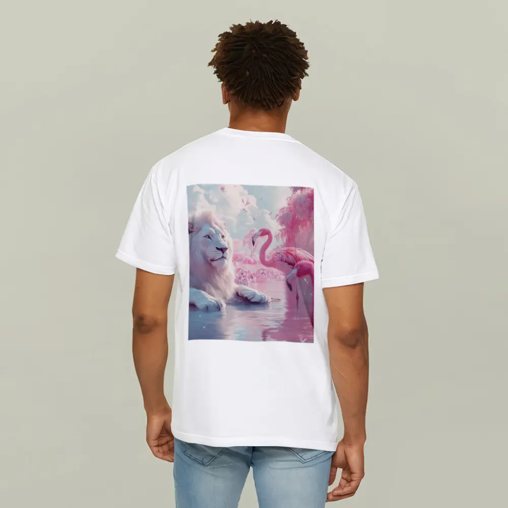 White Lion Pink Flamingos Dreamy Fantasy Scene – T-Shirts