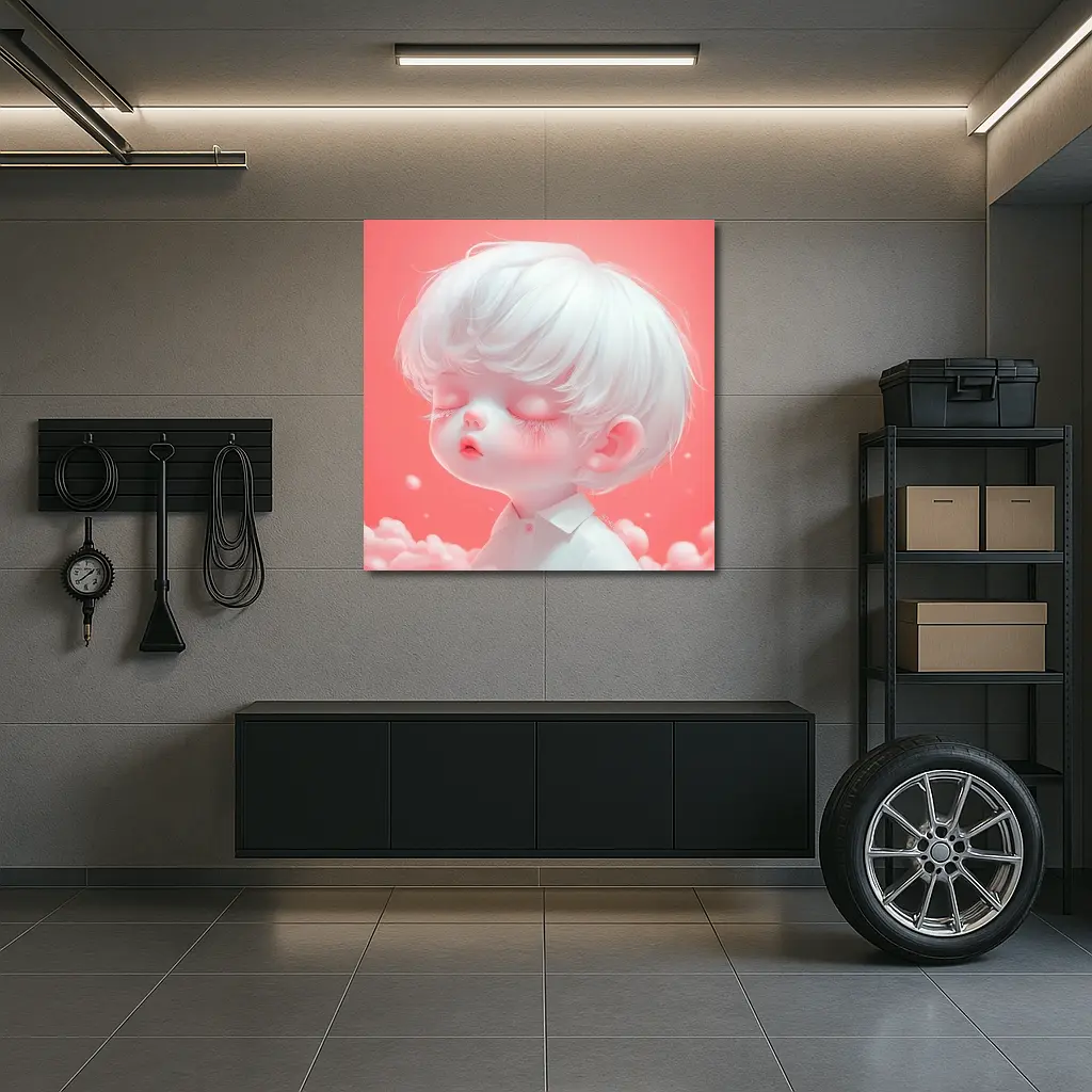 Cute Anime Boy White Hair Pink Sky – Wall Art
