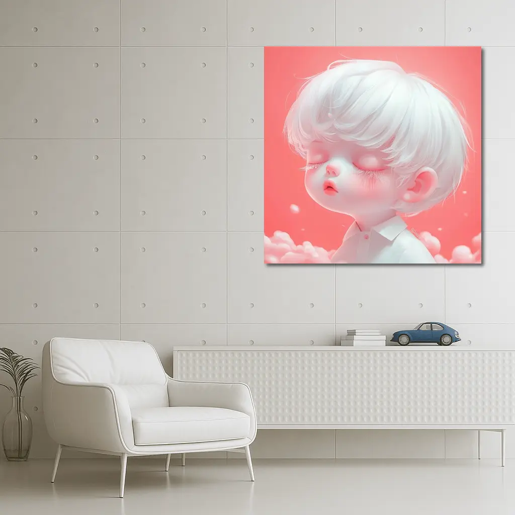 Cute Anime Boy White Hair Pink Sky – Wall Art