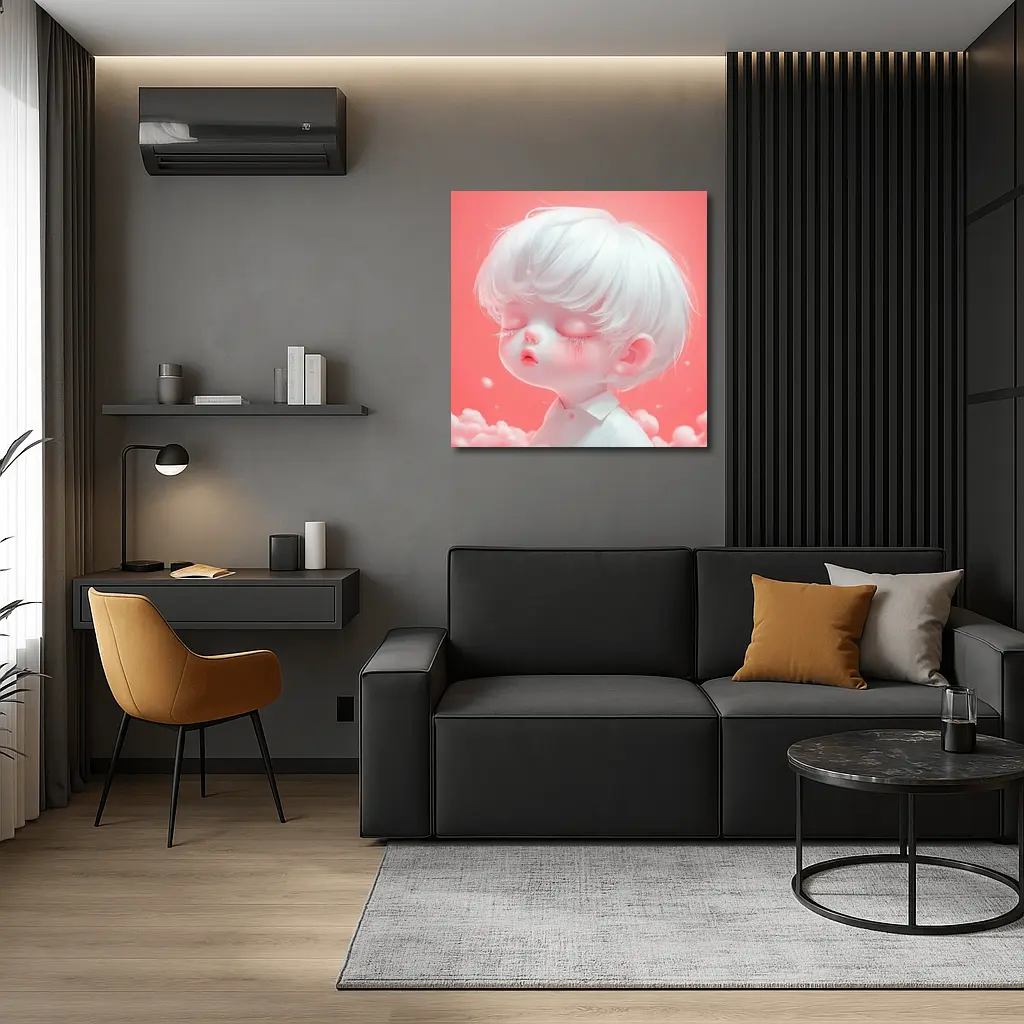 Cute Anime Boy White Hair Pink Sky – Wall Art