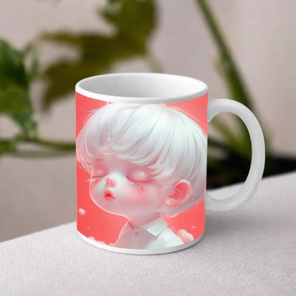 Cute Anime Boy White Hair Pink Sky – Mugs