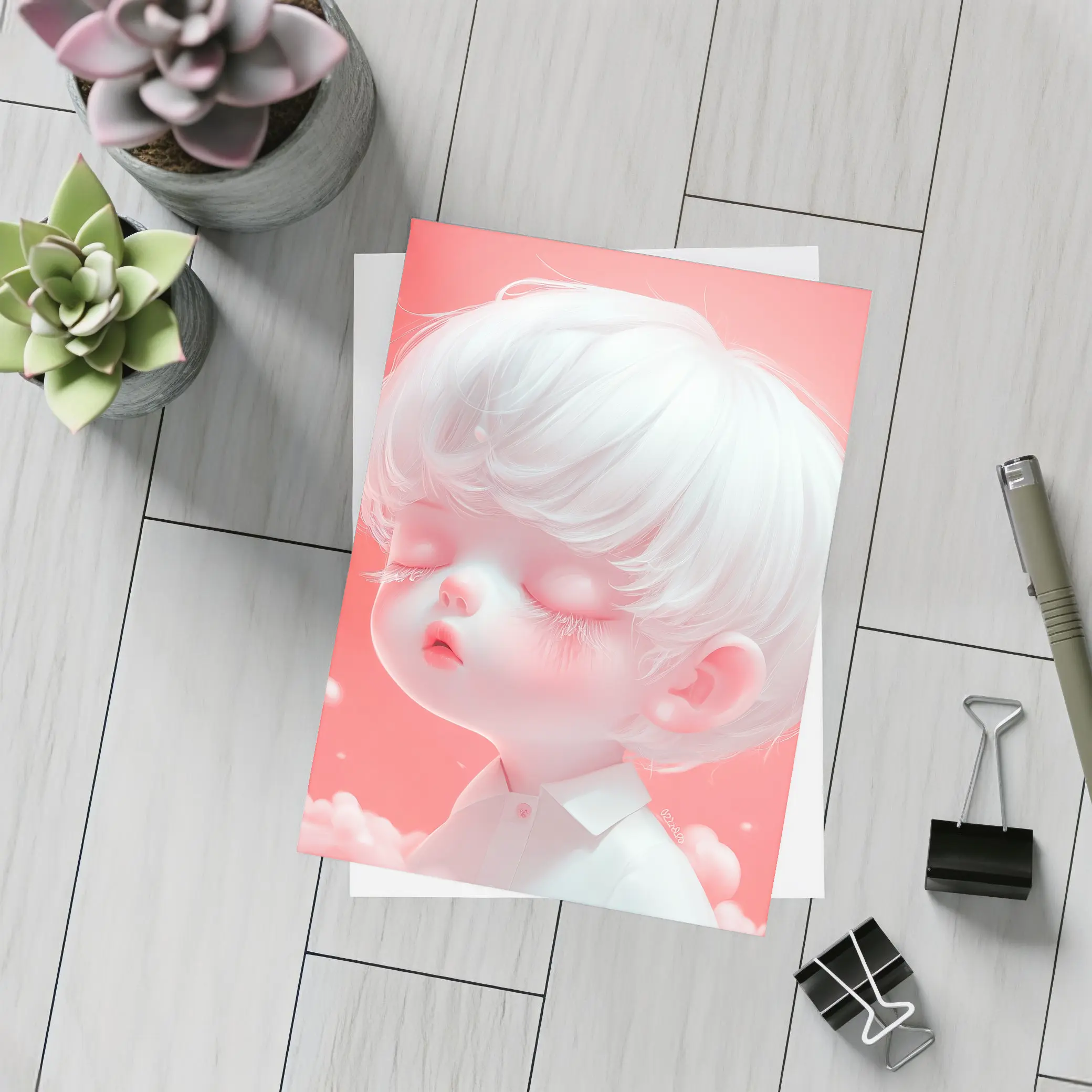 Cute Anime Boy White Hair Pink Sky – Postcards