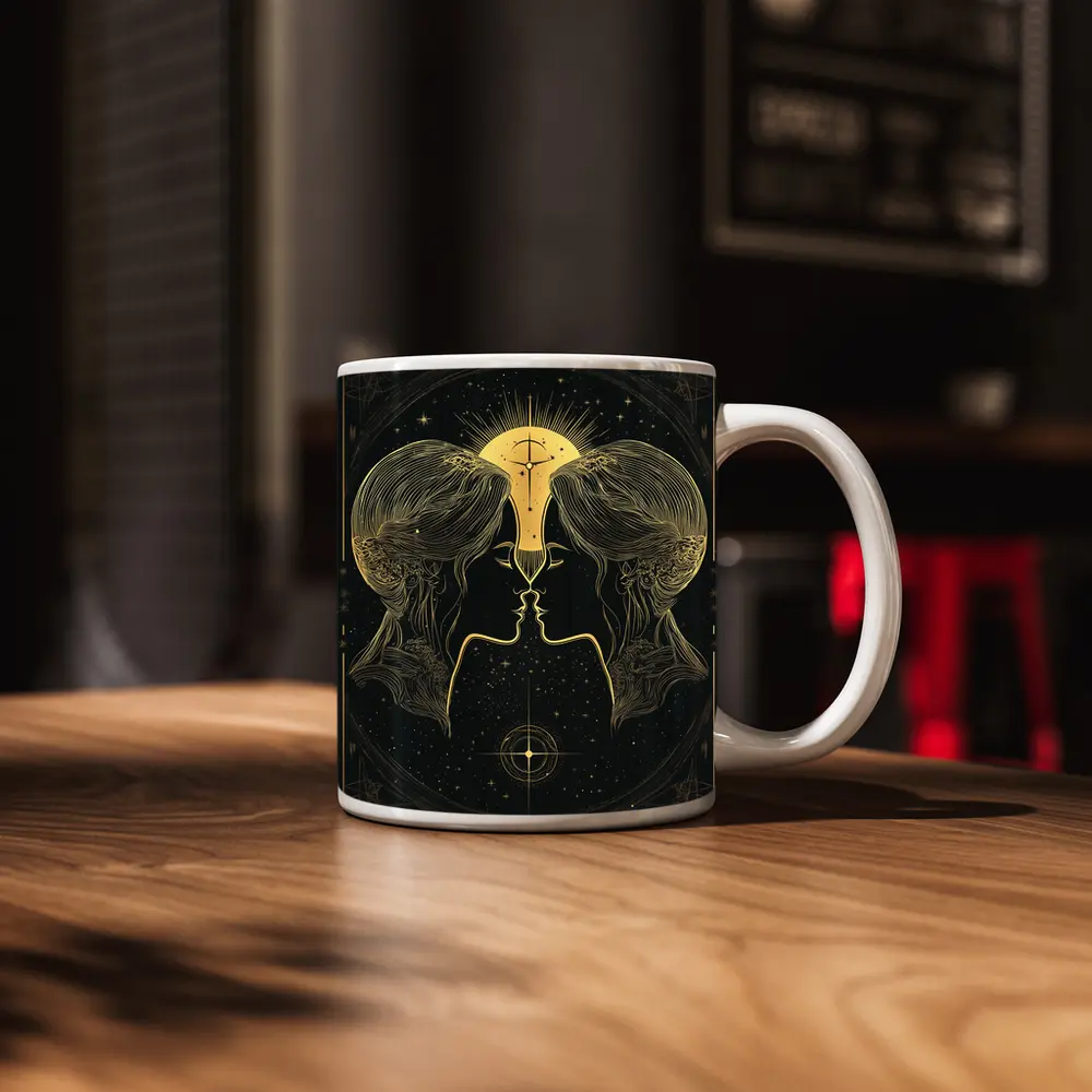 Gemini Twin Faces Gold Celestial Art – Mugs