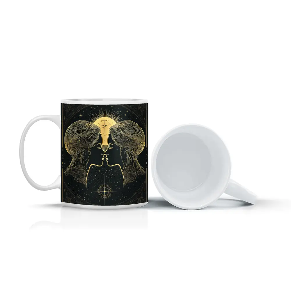 Gemini Twin Faces Gold Celestial Art – Mugs