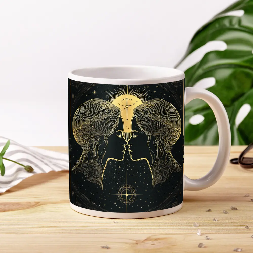 Gemini Twin Faces Gold Celestial Art – Mugs