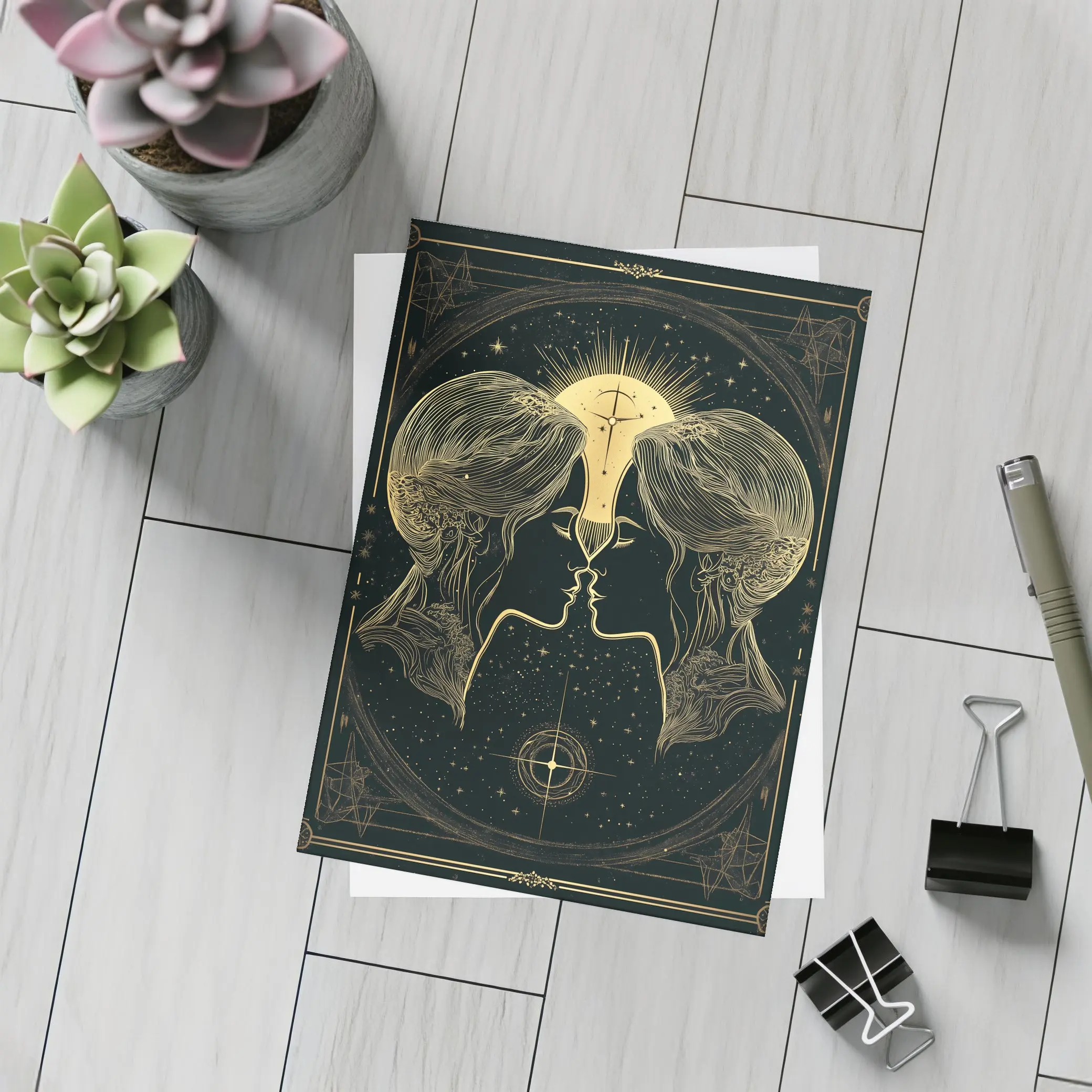 Gemini Twin Faces Gold Celestial Art – Postcards