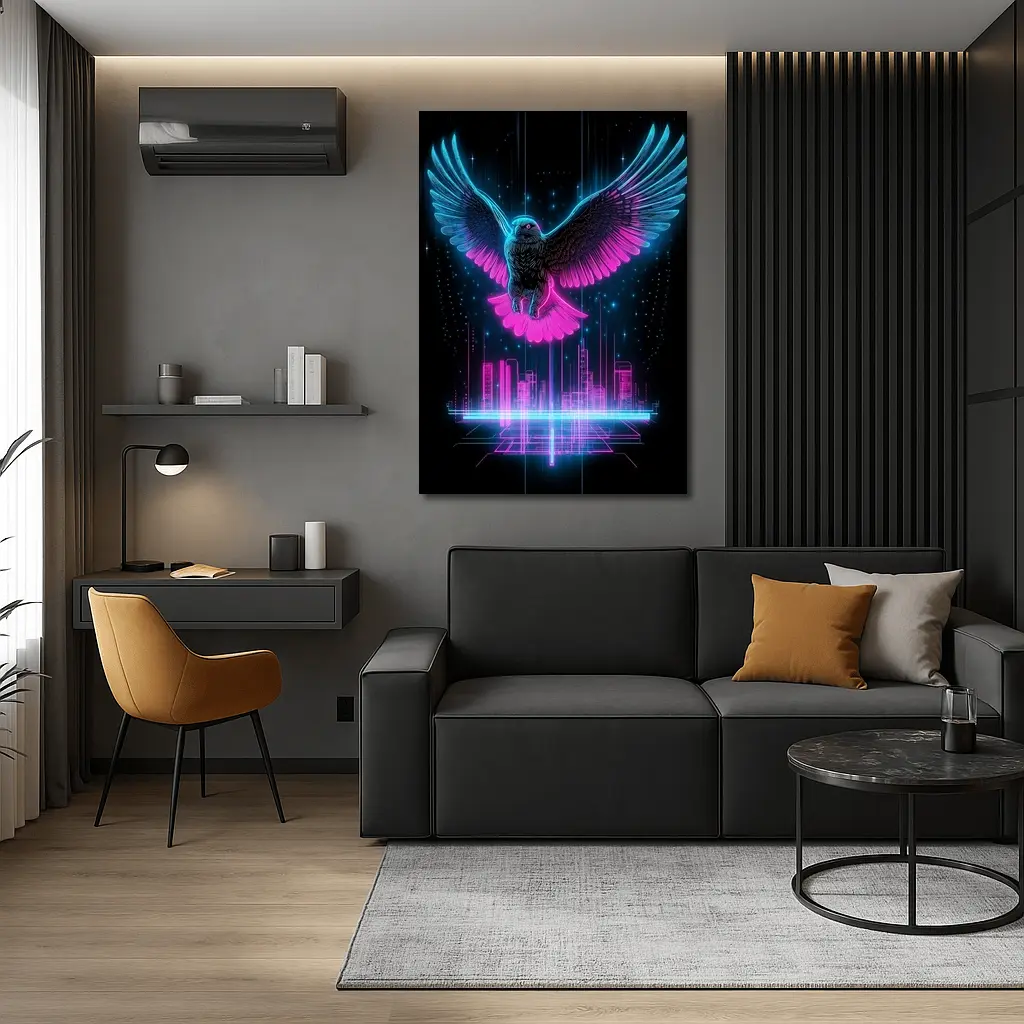 Neon Eagle Flying Over Cyberpunk City – Wall Art