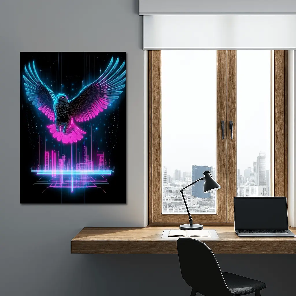 Neon Eagle Flying Over Cyberpunk City – Wall Art