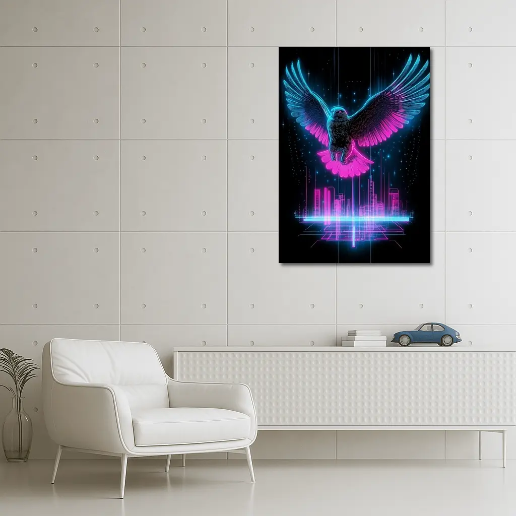 Neon Eagle Flying Over Cyberpunk City – Wall Art
