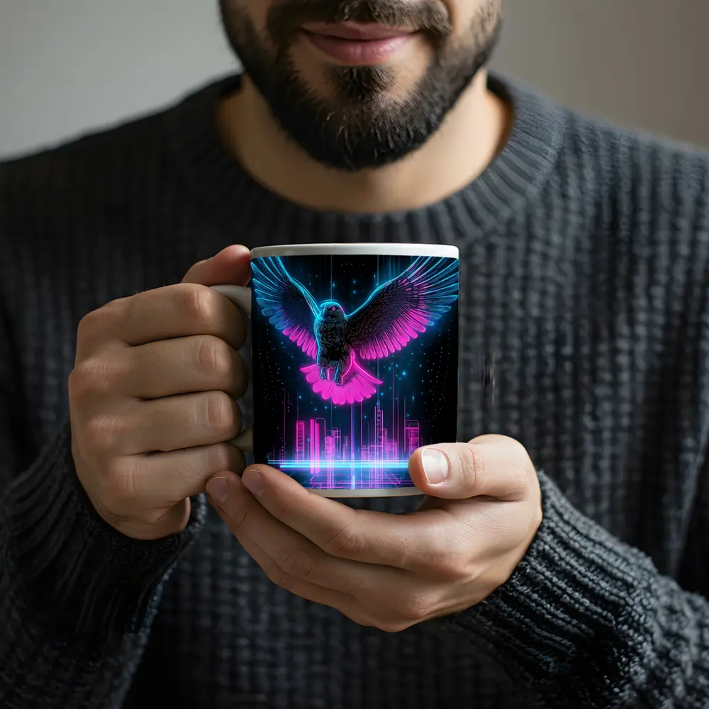 Neon Eagle Flying Over Cyberpunk City – Mugs