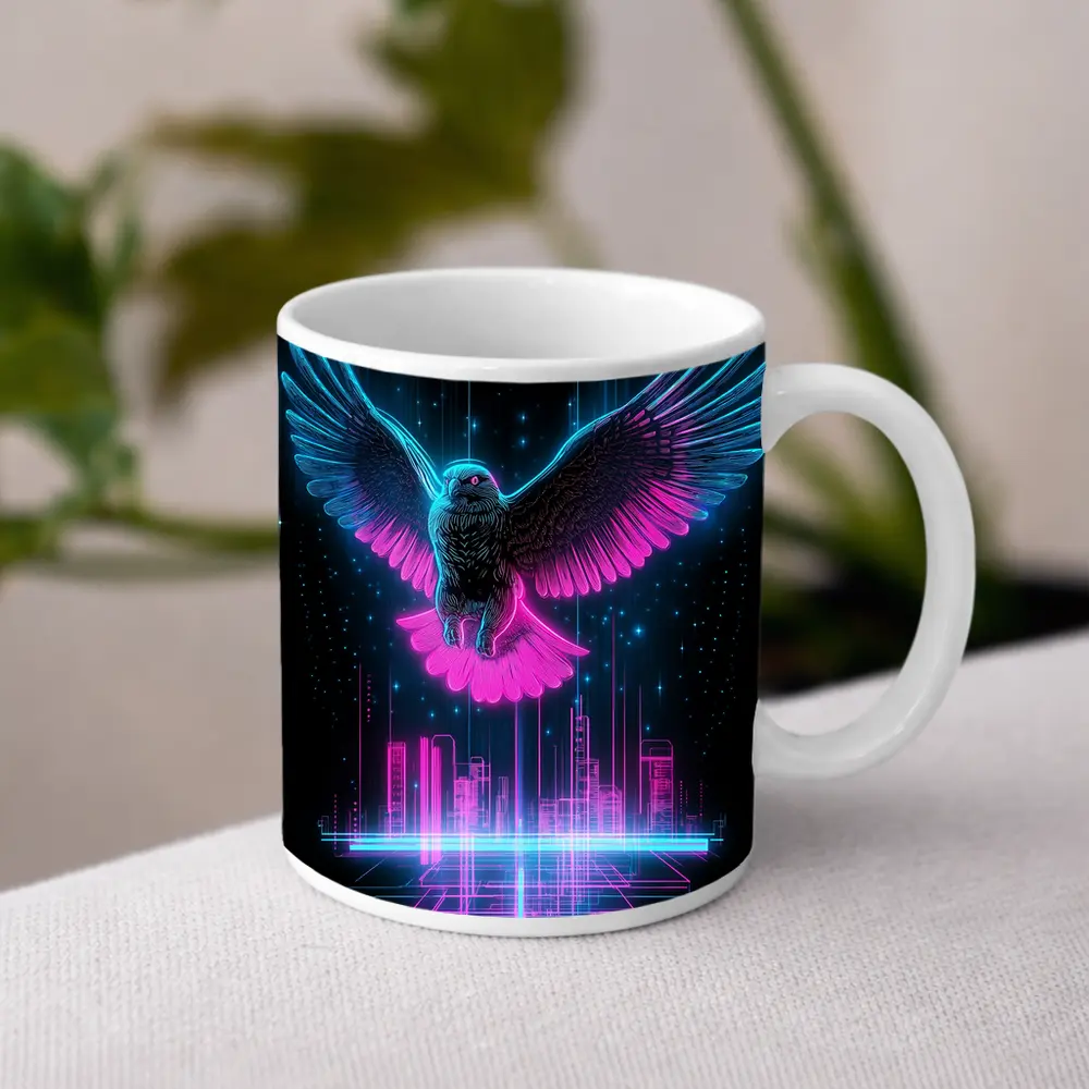 Neon Eagle Flying Over Cyberpunk City – Mugs