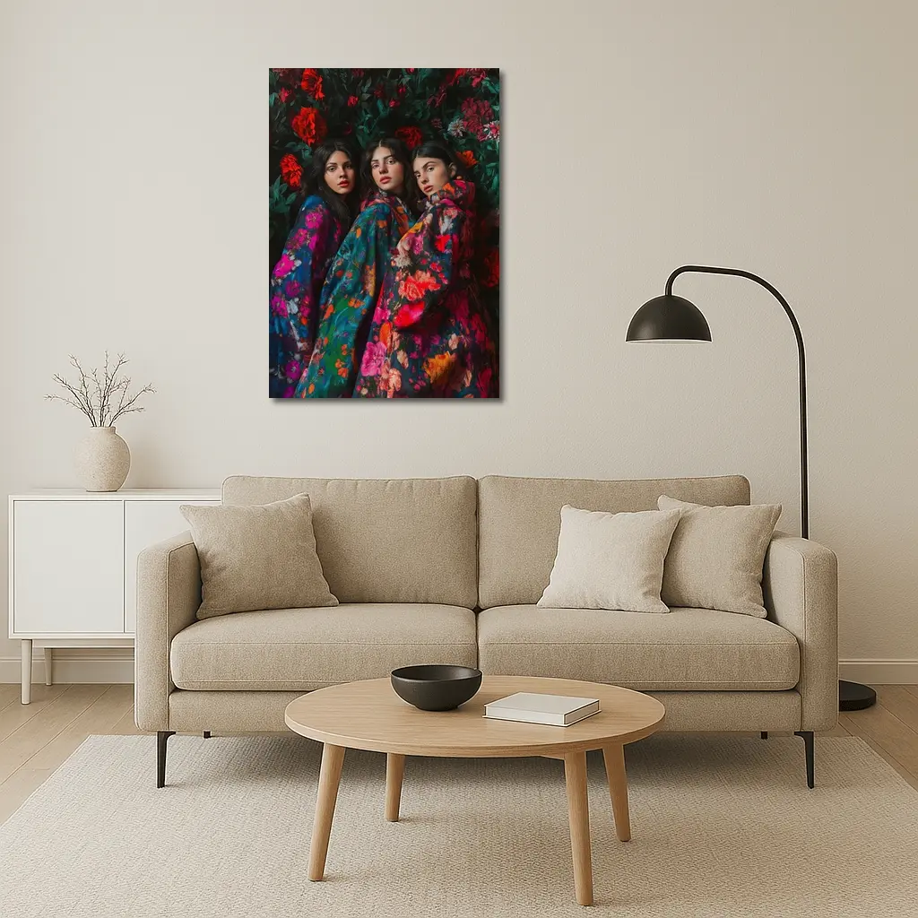 Three Women Floral Coat Dark Flower Background – Wall Art