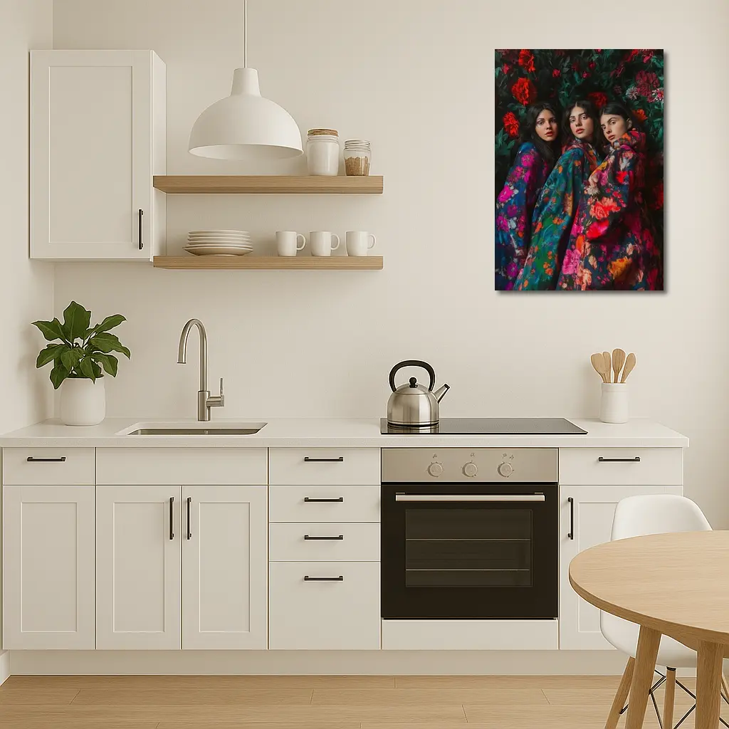 Three Women Floral Coat Dark Flower Background – Wall Art