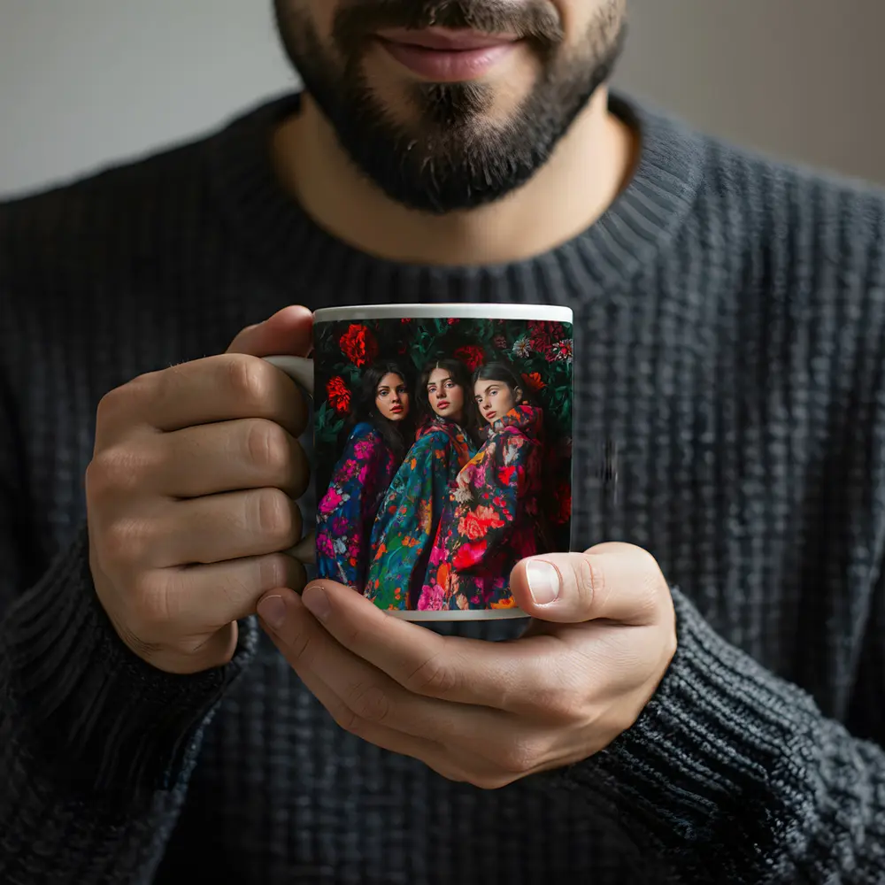 Three Women Floral Coat Dark Flower Background – Mugs