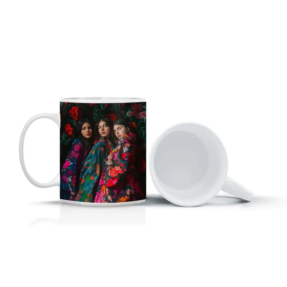 Three Women Floral Coat Dark Flower Background – Mugs
