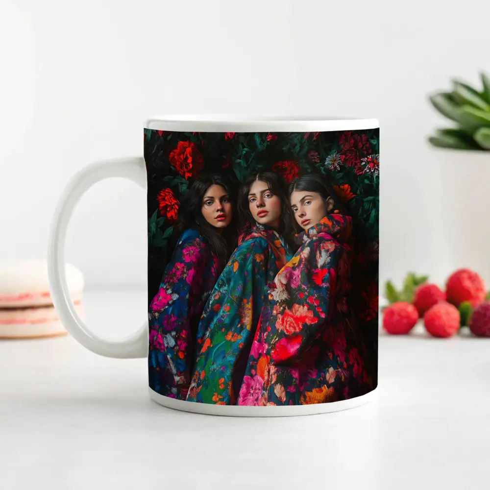 Three Women Floral Coat Dark Flower Background – Mugs