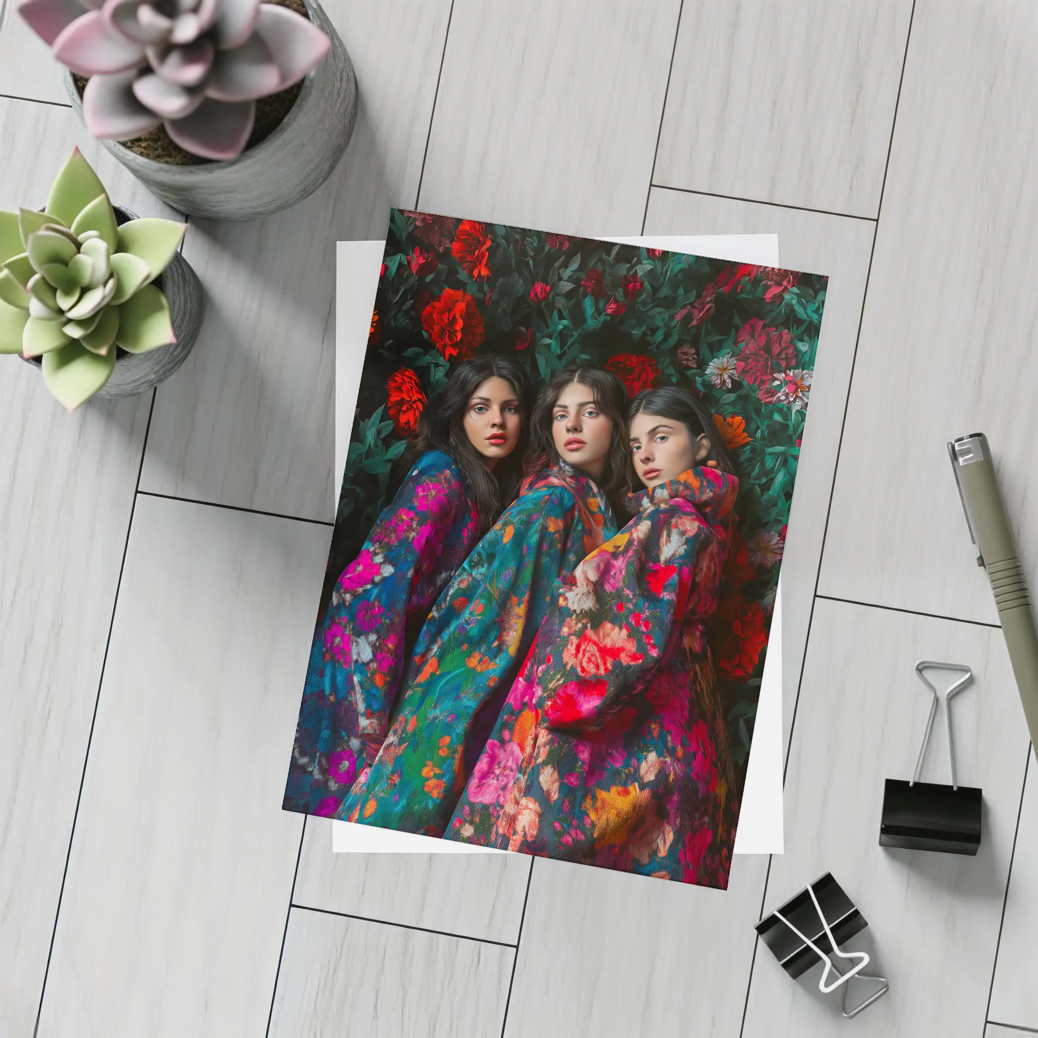 Three Women Floral Coat Dark Flower Background – Postcards