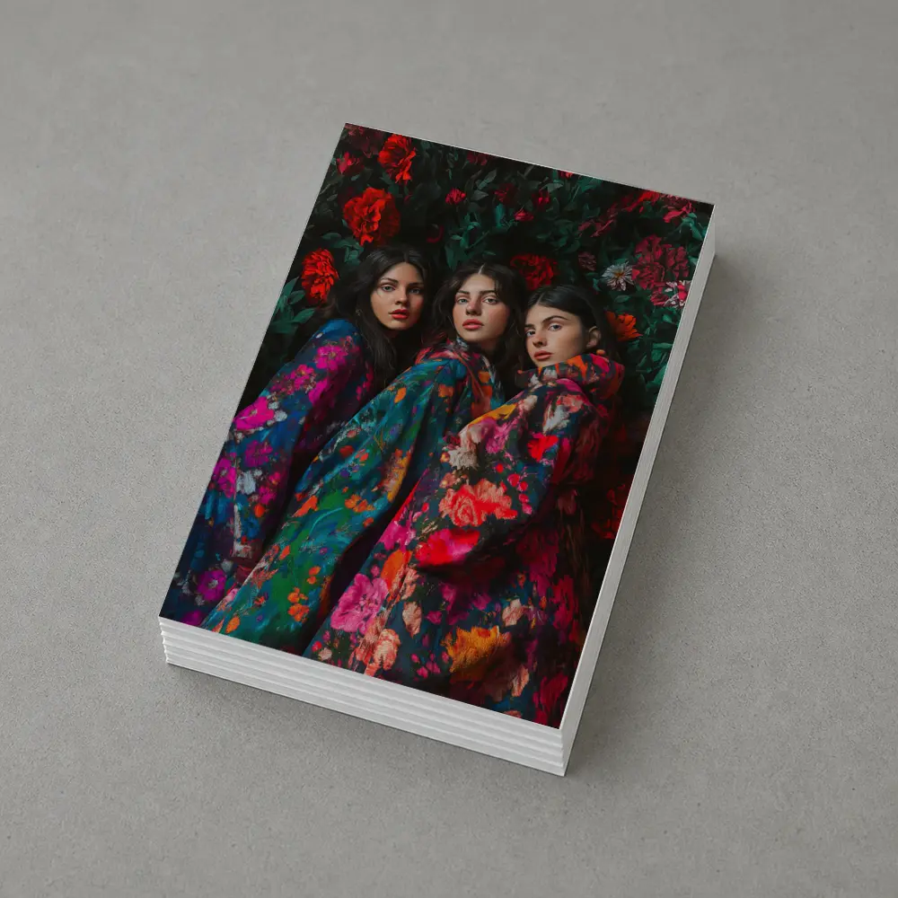 Three Women Floral Coat Dark Flower Background – Postcards