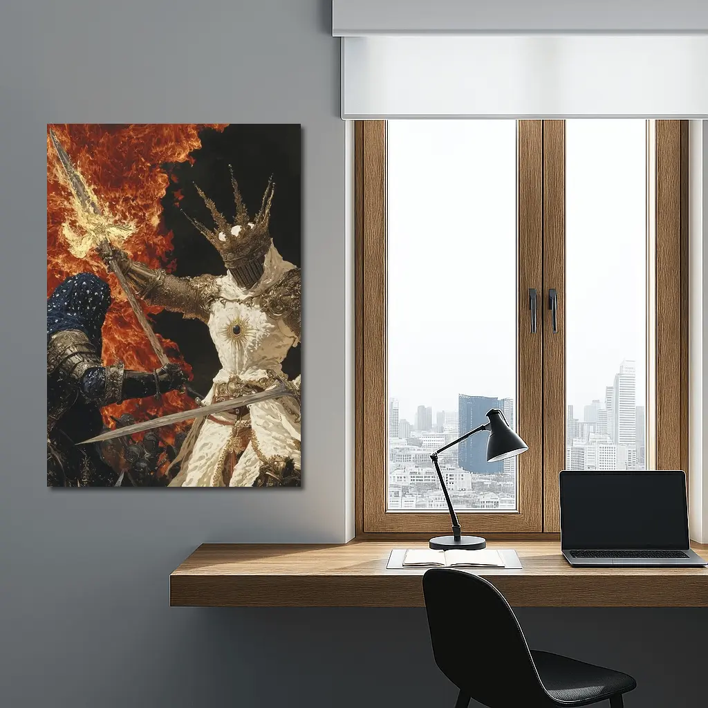 Dark Fantasy Knight Battle Fire Background – Wall Art