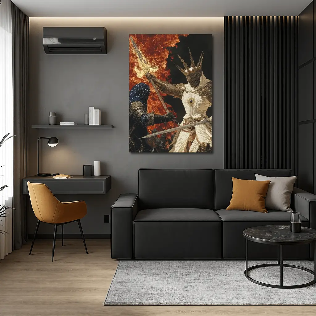 Dark Fantasy Knight Battle Fire Background – Wall Art