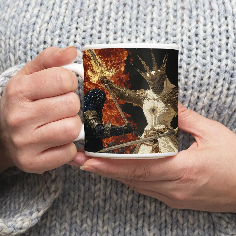 Dark Fantasy Knight Battle Fire Background – Mugs