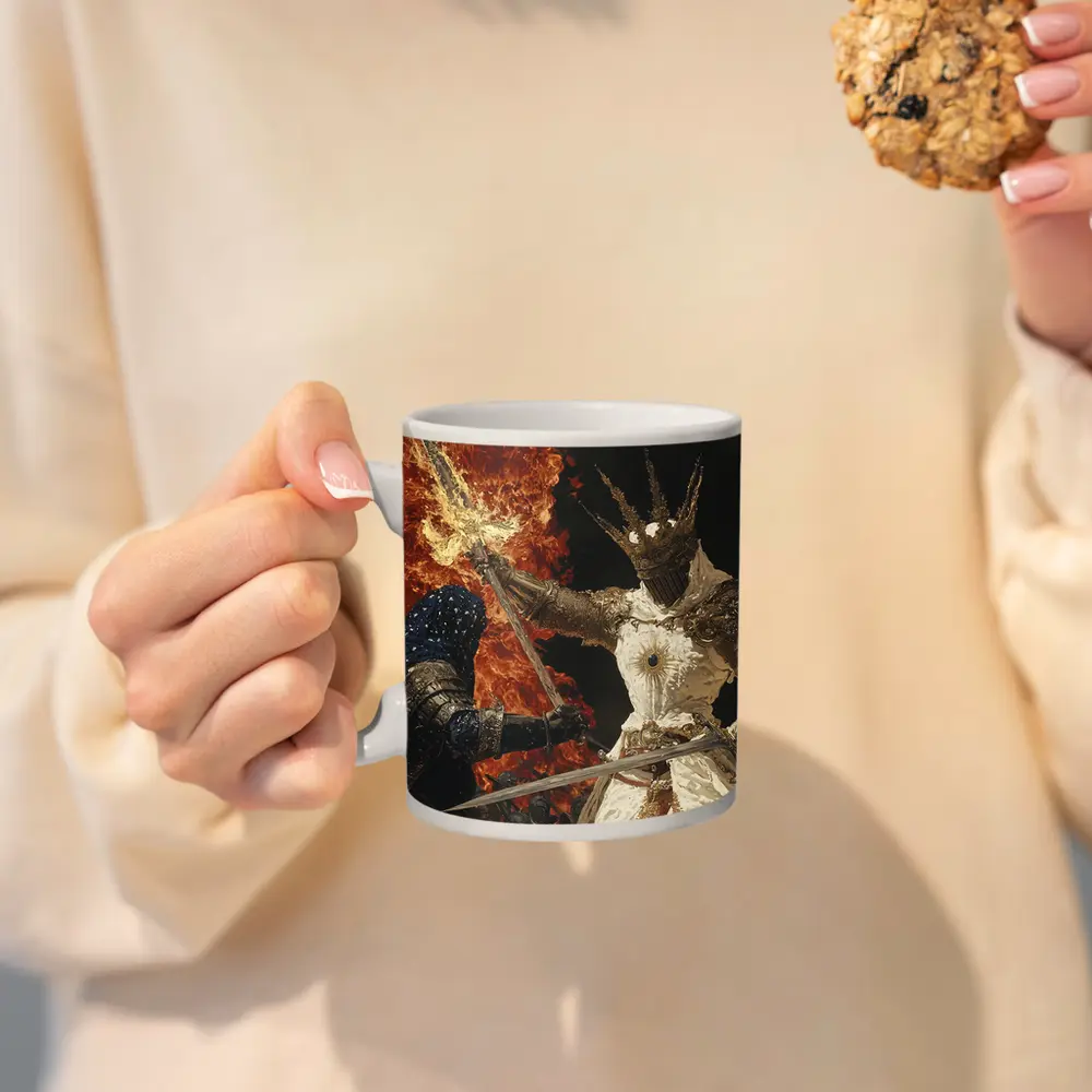 Dark Fantasy Knight Battle Fire Background – Mugs
