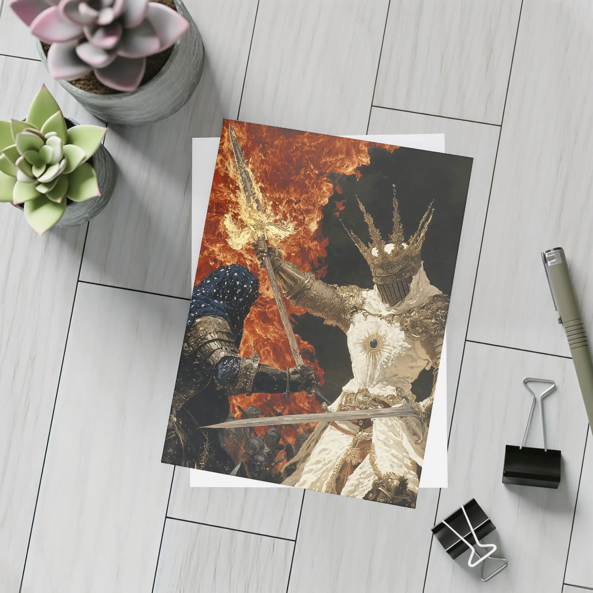 Dark Fantasy Knight Battle Fire Background – Postcards