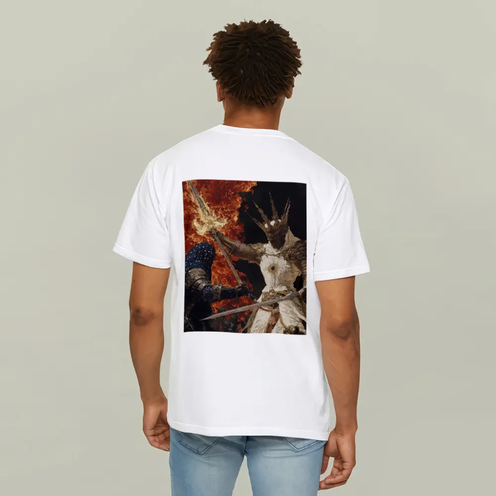 Dark Fantasy Knight Battle Fire Background – T-Shirts