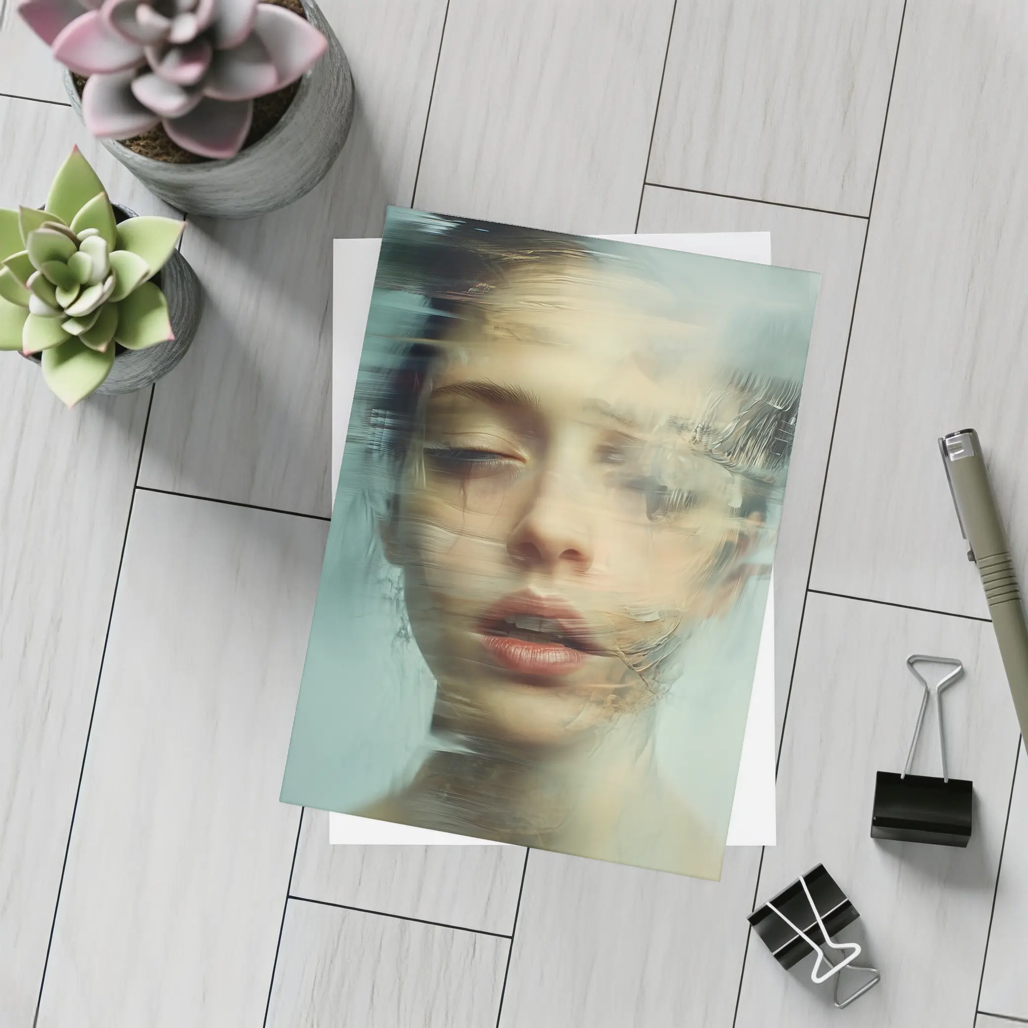 Surreal Woman Portrait Dissolving Abstract Blue – Postcards