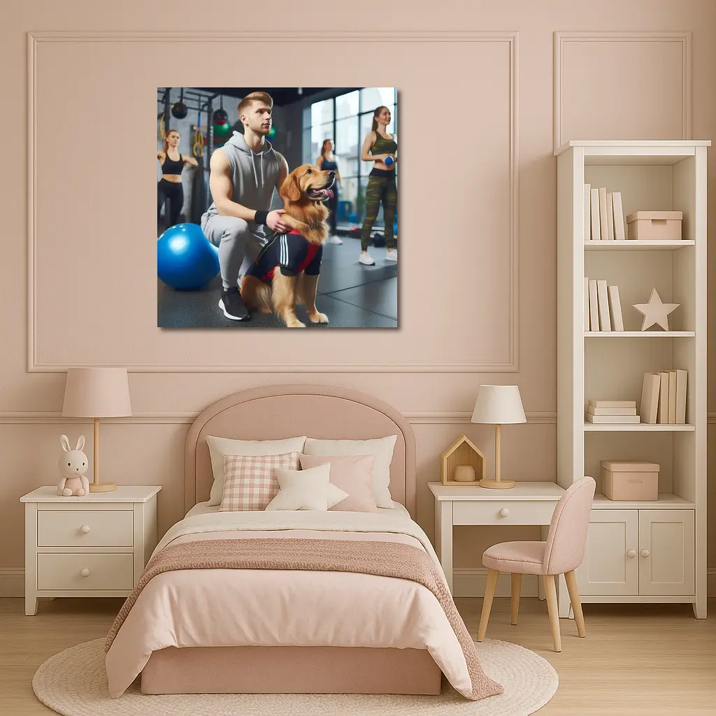 Golden Retriever Owner Training Together In Gym – Wall Art