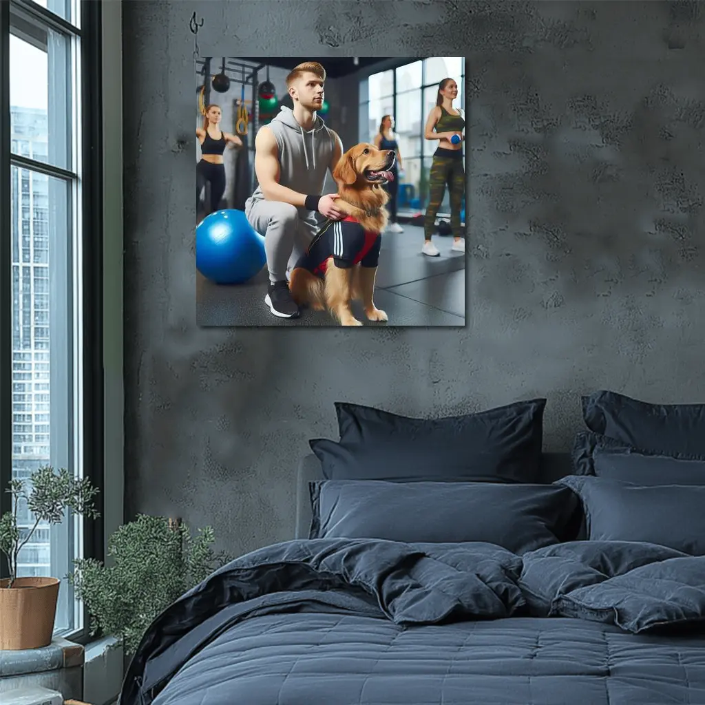 Golden Retriever Owner Training Together In Gym – Wall Art