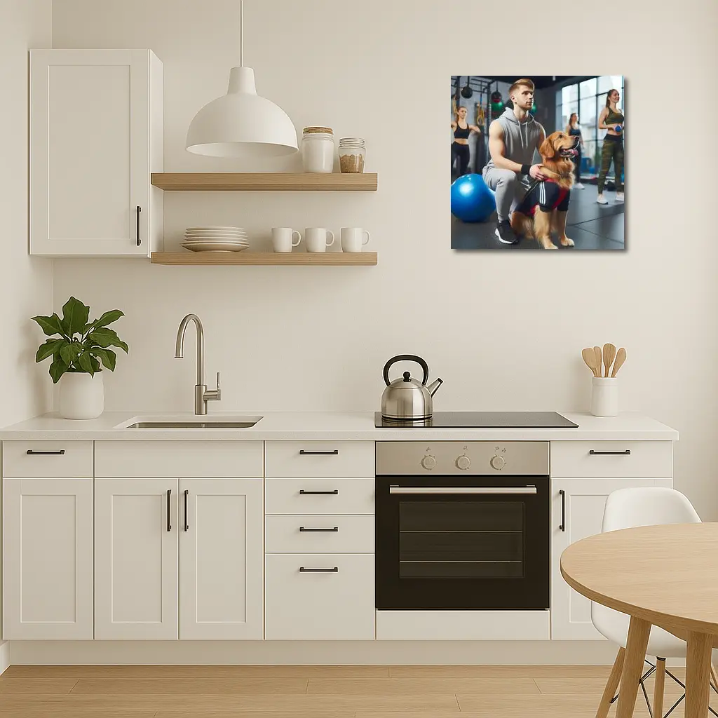 Golden Retriever Owner Training Together In Gym – Wall Art
