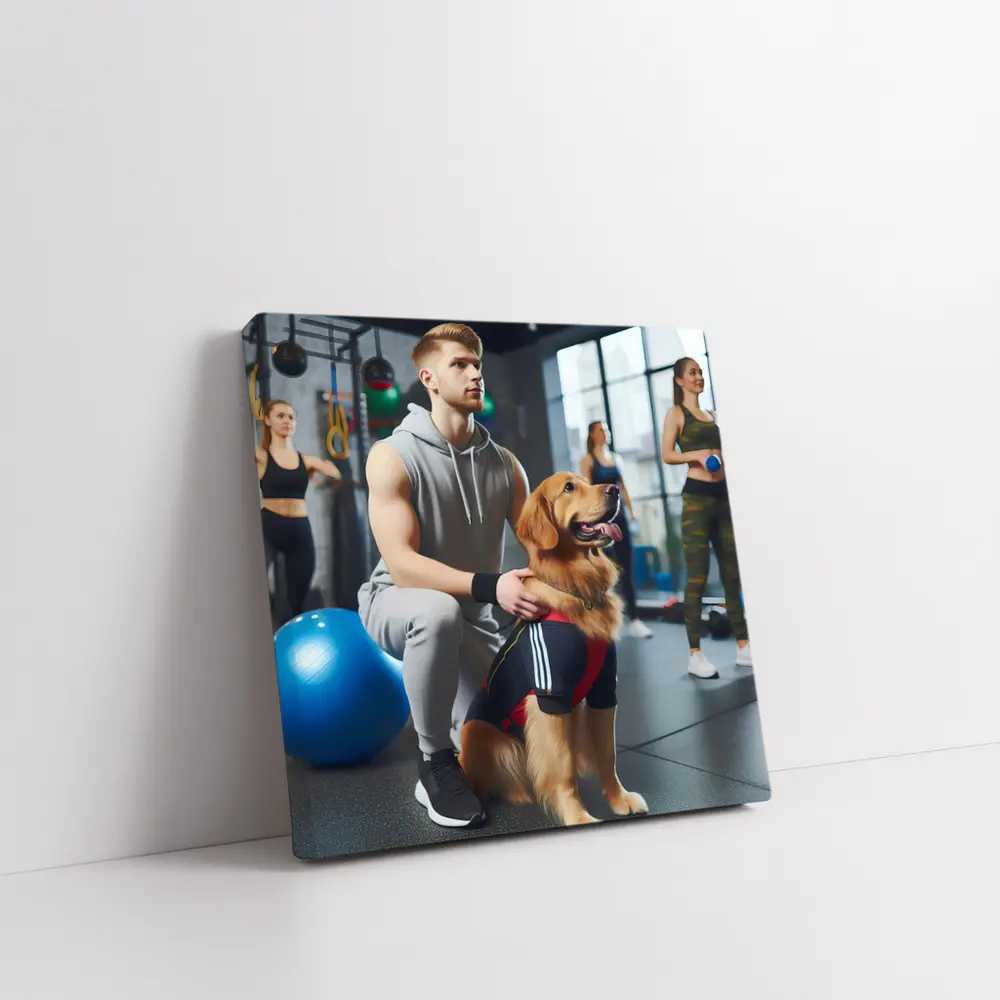 Golden Retriever Owner Training Together In Gym – Wall Art