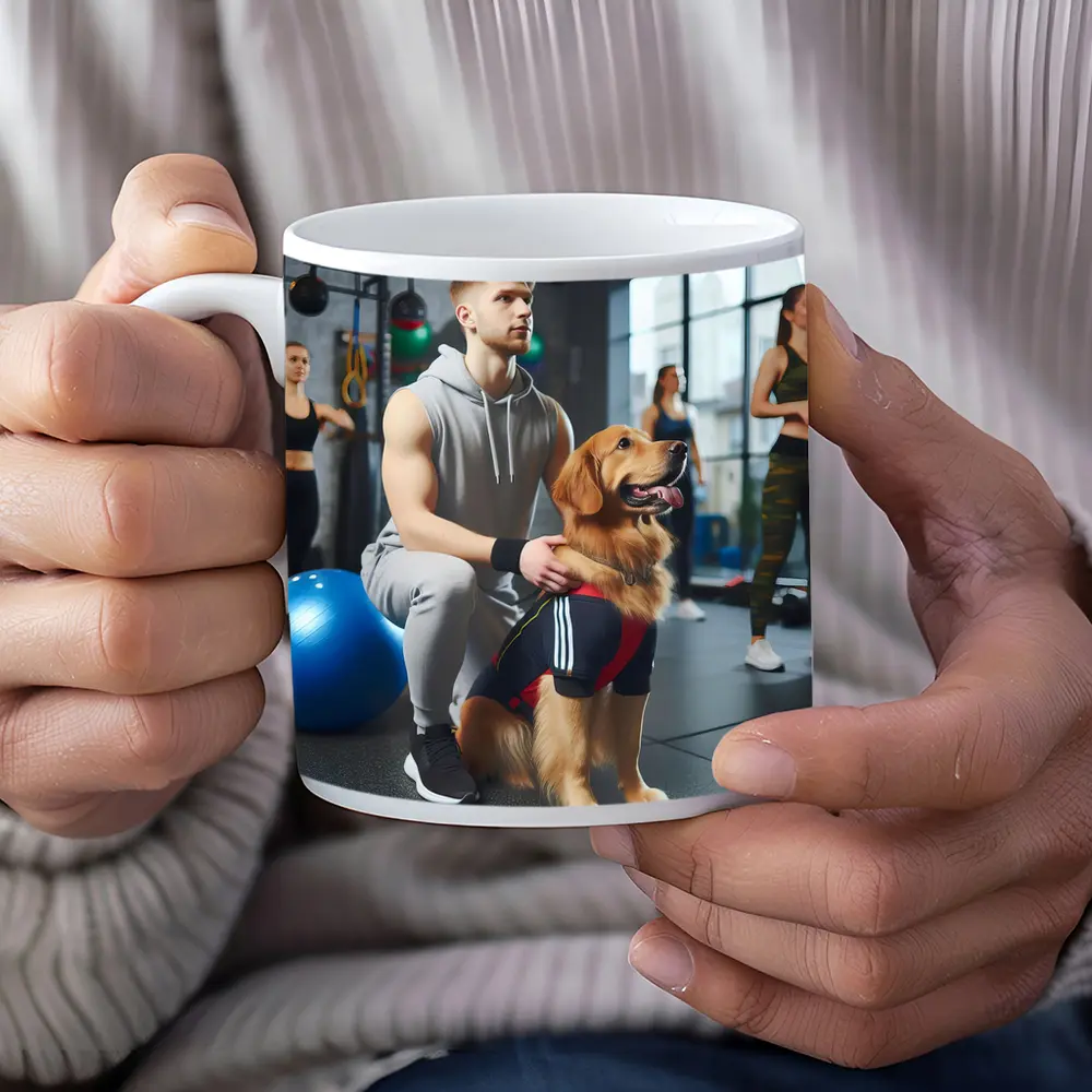 Golden Retriever Owner Training Together In Gym – Mugs