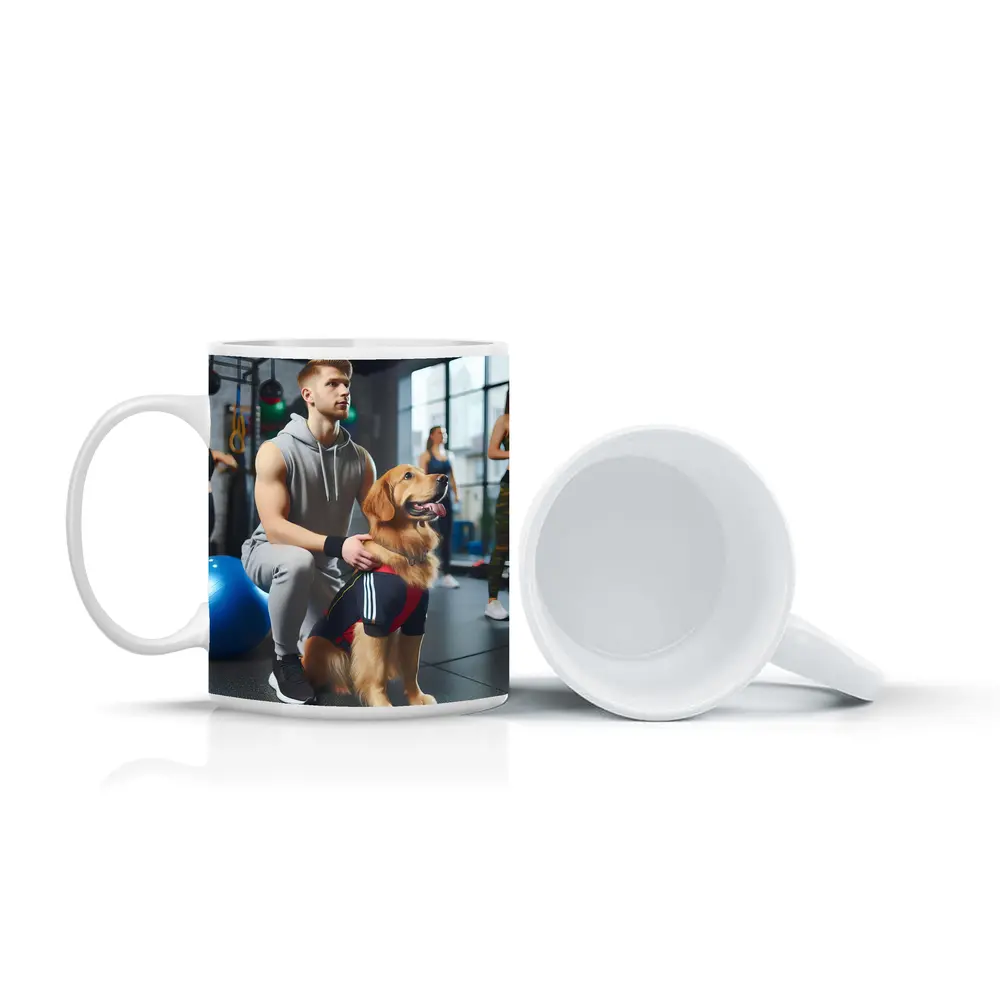 Golden Retriever Owner Training Together In Gym – Mugs