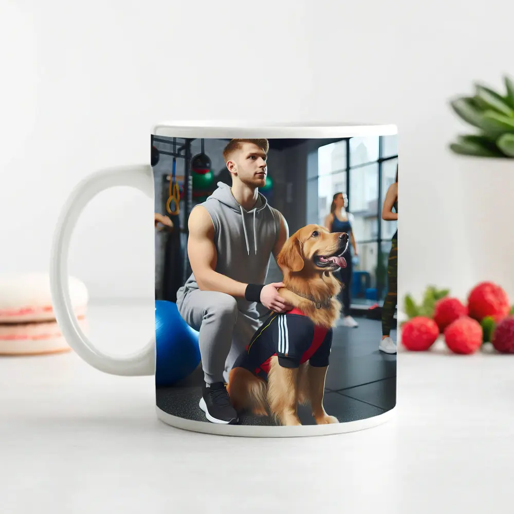 Golden Retriever Owner Training Together In Gym – Mugs