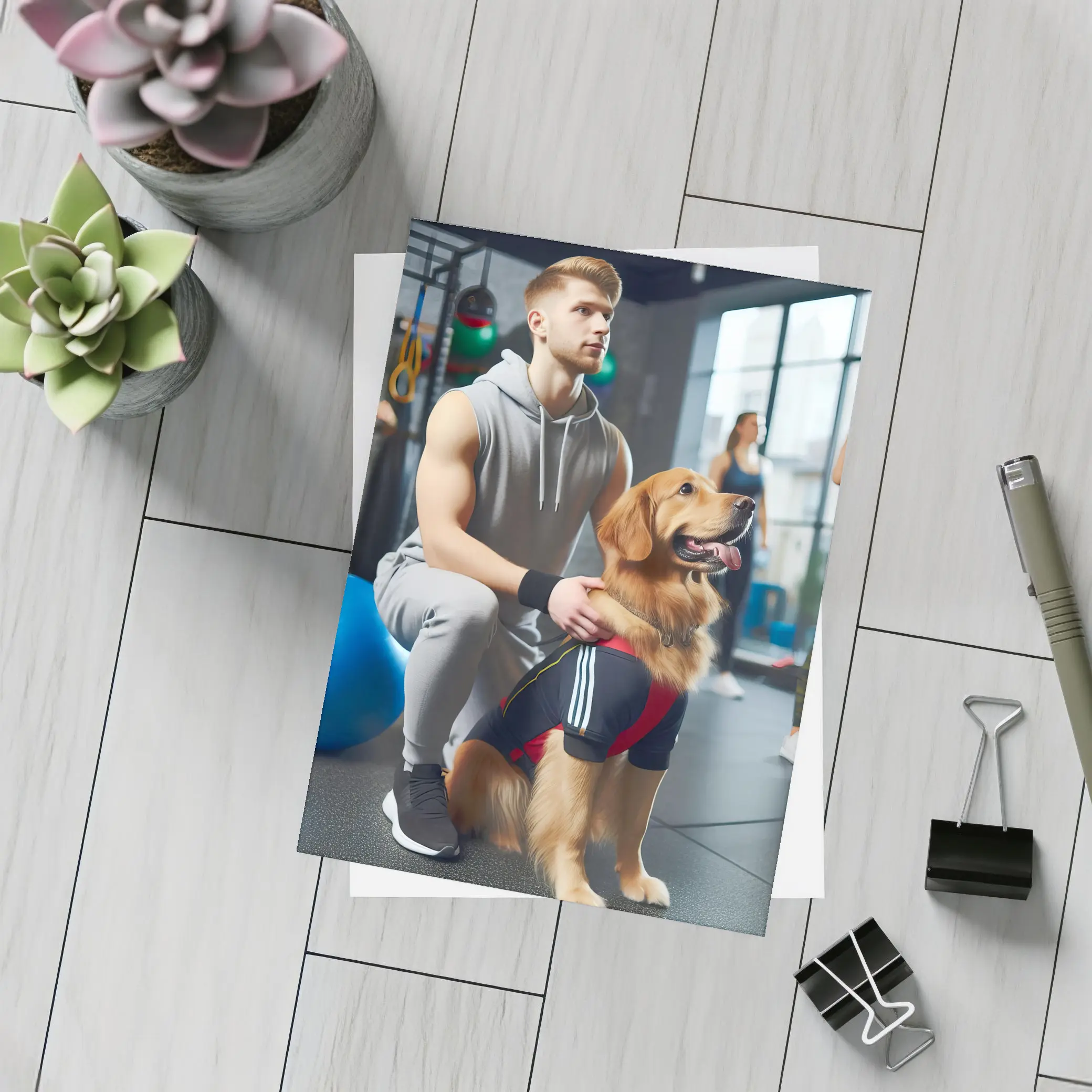 Golden Retriever Owner Training Together In Gym – Postcards